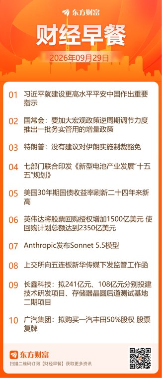东方财富财经早餐 9月29日周二